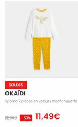 soldes  okaïdi  pyjama 2 pièces en velours motif chouette  22,99€ -50% 11,49€ 