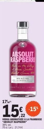absolut raspberri  flory  made in the villay of mus: sueden heulat since !!!!  38% alc/vol  country of swed  ,22  vodka aromatisée à la framboise "absolut raspberri" 38% vol. 70 cl. le l: 21,74 € 