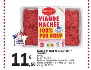 viande bovine française  11  bigard  viande hachée  astutt  100% pur bœuf  hache pur beuf 15% mat. gr. "bigard"  800 g  le kg: 14,38 €  50 (lekg: 16,13 €).  egalement disponible au prix de 12.90€: hac