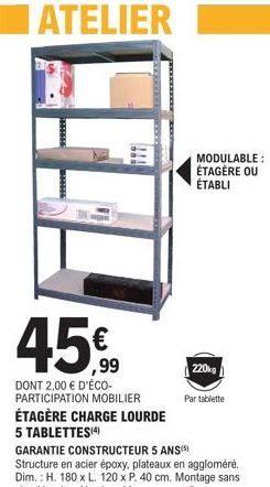 ATELIER  asssss  Bosses  45.99  €  DONT 2,00 € D'ÉCO-PARTICIPATION MOBILIER  ÉTAGÈRE CHARGE LOURDE 5 TABLETTES (4)  MODULABLE: ÉTAGÈRE OU ÉTABLI  220kg  Par tablette  