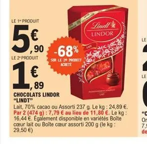 le 1 produit  5€  le 2" produit  89  chocolats lindor "lindt"  -68%  sur le 2 produit achete  give  lait  lindl lindor  shugh's  undre  lait, 70% cacao ou assorti 237 g. le kg: 24,89 €. par 2 (474 g):