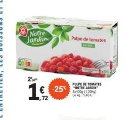 notre  jardin  1  € -25% ,72  pulpe de tomates in des  pulpe de tomates  3x400g (1,20kg) le kg: 1,43 € 