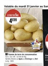 le filet de 5kg 4.€99  a pomme de terre de consommation  cat 1, cal +40-le filet de 5kg  varietés artemis au agata ou challenger ou atol le kg 1600  pommes term ce 