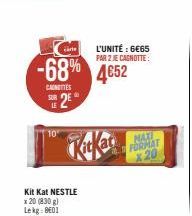 LE  carte  -68% 4652  CAUNETTES  2E  Kit Kat NESTLE x 20 (830 g) Lekg:8601  L'UNITÉ : 6€65 PAR 2 JE CAGNOTTE:  MAXI FORMAT X20  