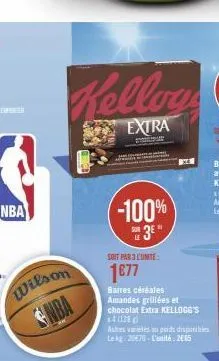 nba  wilson  nba  soit par 3 cumte  1677  barres céréales amandes grillées et chocolat extra kellogg's 14 (128) autres variétés au poids disponibles lekg 2070-l'unité:285  -100% se3e" 