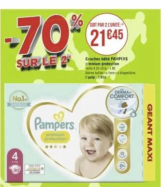 soit par 2 l'unité:  -70% 2145  sur le 2  no.1.  4  www  pampers  premium protection  rotor  couches bébé pampers  premium protection taille 4 (9-14 x 80  autres tailles cu formats disponibles l'unité