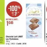 -100%  3e"  soit par 3l'unité:  1€45  chocolat lait lindt les pyrénéens 150 g  le kg: 14653-l'unité: 2€18  pack  pendant 