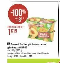 -100%  3⁰  sur  le  soit par 3 lunite:  1€19  a dessert fruitier pêche morceaux généreux andros 4x100 g (400 g)  autres variétés disponibles à des prix différents lekg: 4648-l'unité: 1€79  andros  pic