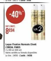 soit l'unité:  8€94  -40%  loren  elnetalnet  lot.2  laque fixation normale elnett l'oreal paris  2x 300 ml (600 ml)  autres variétés ou formats disponibles  le litre : 14€90 - l'unité : 14€90 