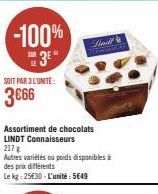 -100% 3⁰"  SOIT PAR 3L'UNITE:  3666  Assortiment de chocolats LINDT Connaisseurs  217 g  Autres variétés ou poids disponibles à des prix différents  Le kg: 25€30-L'unité: 5649  Lin 