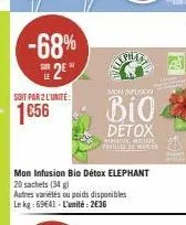-68%  2€  *  soit par 2 l'unité:  1€56  mon infusion bio détox elephant 20 sachets (34)  autres variétés ou poids disponibles le kg:69641-l'unité: 2€36  mon infusion  bio  detox  atribus meline frutes