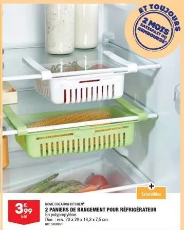 home creation kitchen  399 2 paniers de rangement pour réfrigérateur  en polypropylene. dim.: env. 20 à 28 x 16,3 x 7,5 cm. ret 5008091  extensibles 