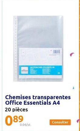 office  M PUNCHED POCKETS PP  0.04/st  Chemises transparentes Office Essentials A4  20 pièces  089  Consulter 
