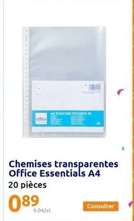 office  m punched pockets pp  0.04/st  chemises transparentes office essentials a4  20 pièces  089  consulter 