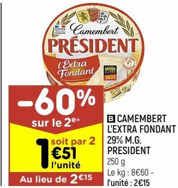 camembert l'extra fondant 29% MG Président