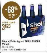 -68%  SE2E  LE  SOIT PAR 2 L'UNITÉ:  Bière et Vodka Agrum' SKOLL TUBORG 6% vol.  3 x 33 cl (99 cl)  Le litre: 4€94-L'unité:4€89 