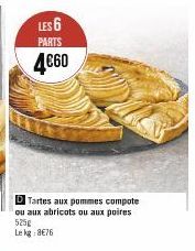 LES 6  PARTS  4€60  Tartes aux pommes compote ou aux abricots ou aux poires 525g Lekg 8€76 