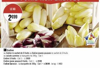 LE KG  2€99  C Endive  ou Endive le sachet de 5 fruits ou Endive jeunes pousses le sachet de fruits Du salade carmine la barquette de 300g - Cat I Endive 5 fruits-Cat 1 - à 2069  Endive jeune pousse 6