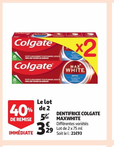 DENTIFRICE COLGATE MAXWHITE 