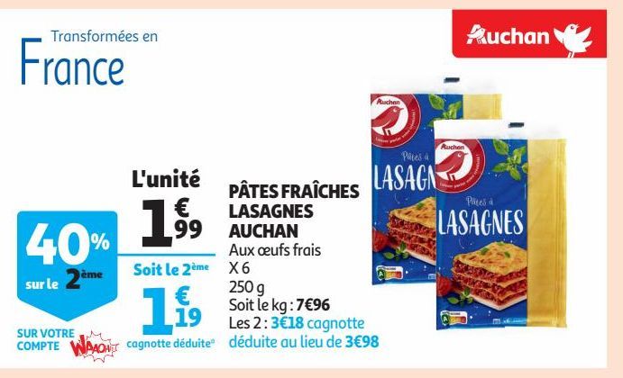 PÂTES FRAÎCHES LASAGNES AUCHAN