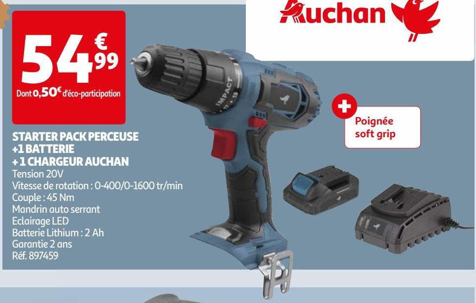STARTER PACK PERCEUSE +1 BATTERIE + 1 CHARGEUR AUCHAN