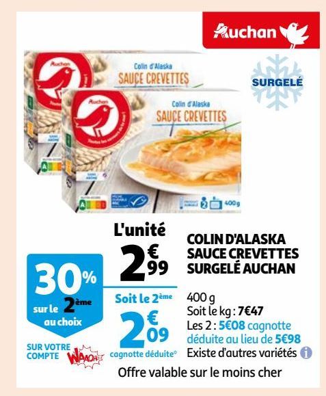 COLIN D'ALASKA SAUCE CREVETTES SURGELÉ AUCHAN