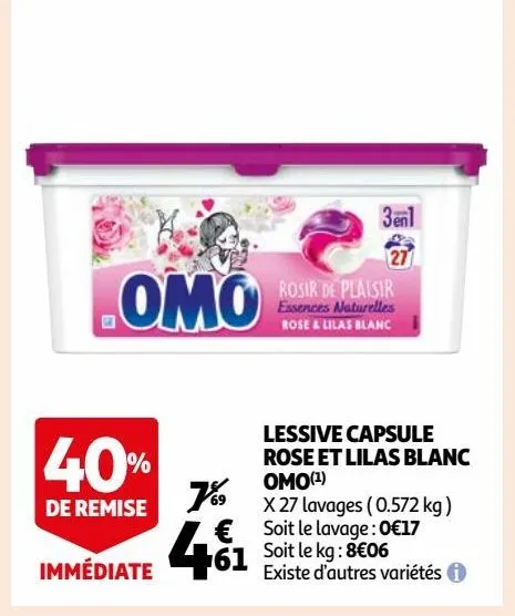 lessive capsule rose et lilas blanc omo