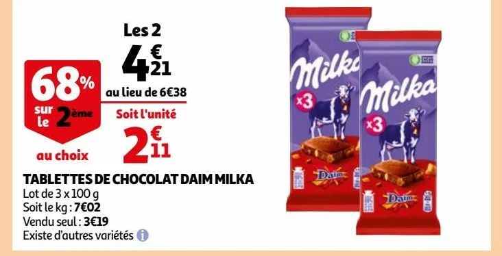 tablettes de chocolat daim milka