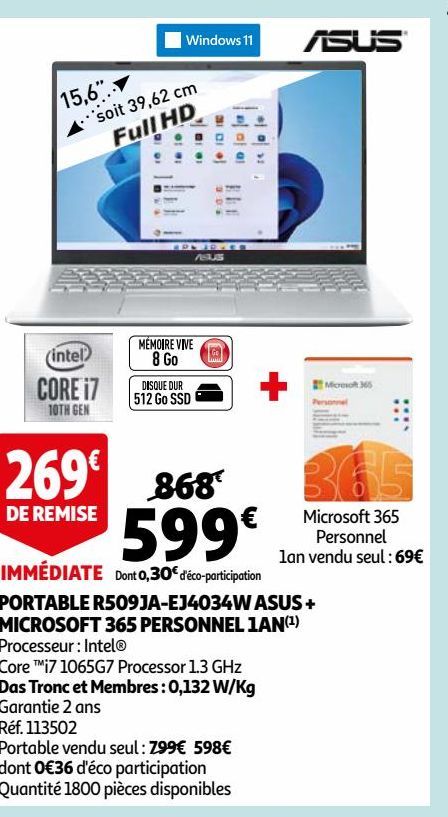 PORTABLE R509JA-EJ4034W ASUS + MICROSOFT 365 PERSONNEL 1AN