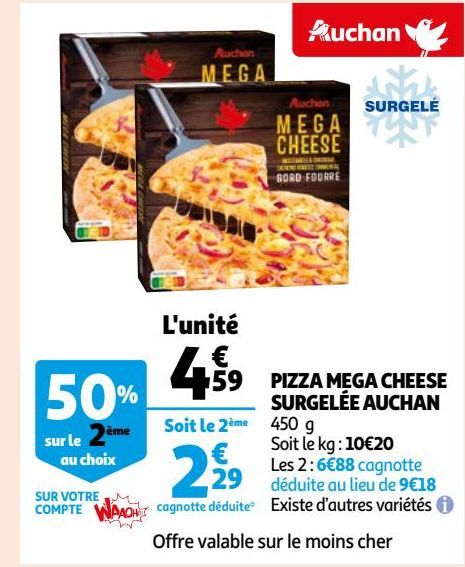 PIZZA MEGA CHEESE SURGELÉE AUCHAN