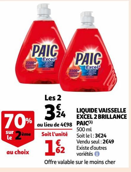 LIQUIDE VAISSELLE EXCEL 2 BRILLANCE PAIC