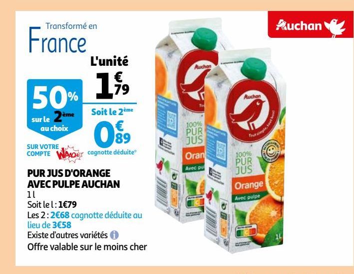 PUR JUS D'ORANGE AVEC PULPE AUCHAN