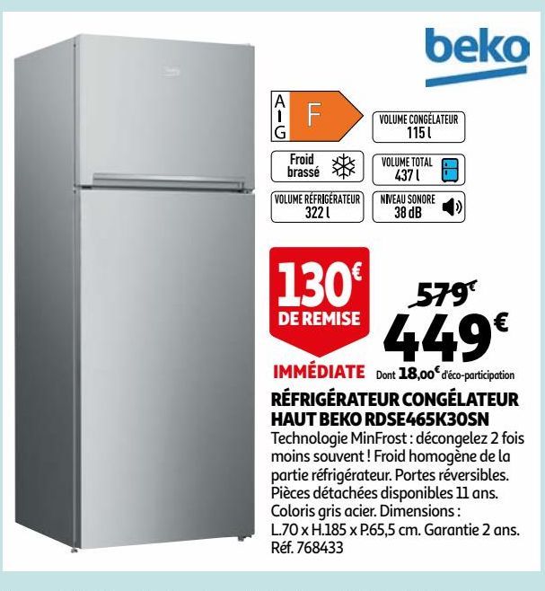 RÉFRIGÉRATEUR CONGÉLATEUR HAUT BEKO RDSE465K30SN