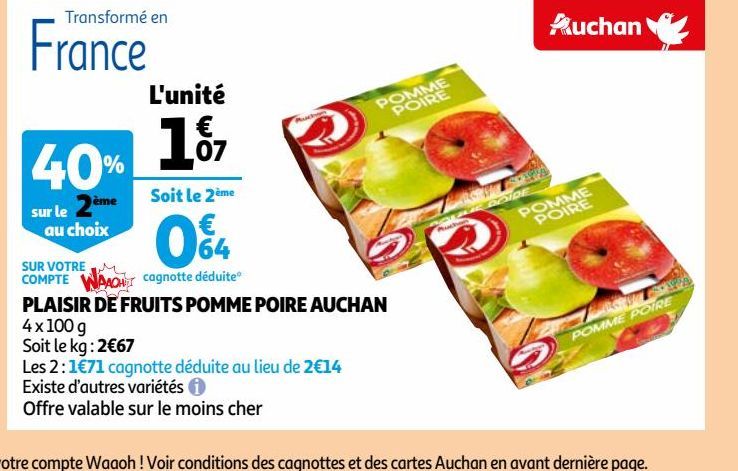 PLAISIR DE FRUITS POMME POIRE AUCHAN