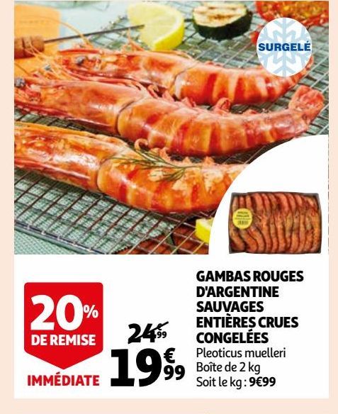 GAMBAS ROUGES D'ARGENTINE SAUVAGES ENTIÈRES CRUES CONGELÉES