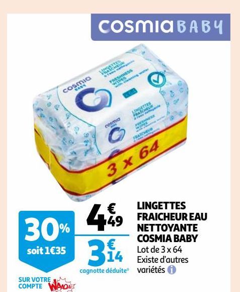 LINGETTES FRAICHEUR EAU NETTOYANTE COSMIA BABY