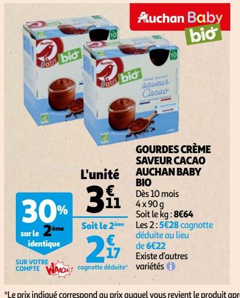 GOURDES CRÈME SAVEUR CACAO AUCHAN BABY BIO