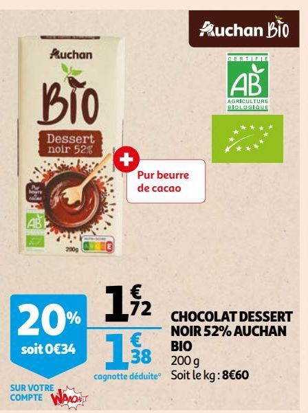 CHOCOLAT DESSERT NOIR 52% AUCHAN BIO