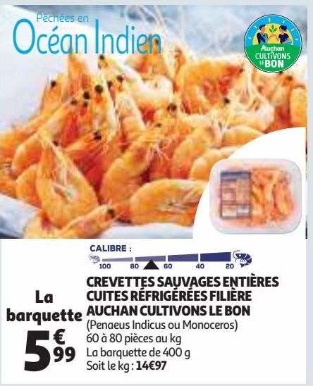  CREVETTES SAUVAGES ENTIÈRES CUITES RÉFRIGÉRÉES FILIÈRE AUCHAN CULTIVONS LE BON