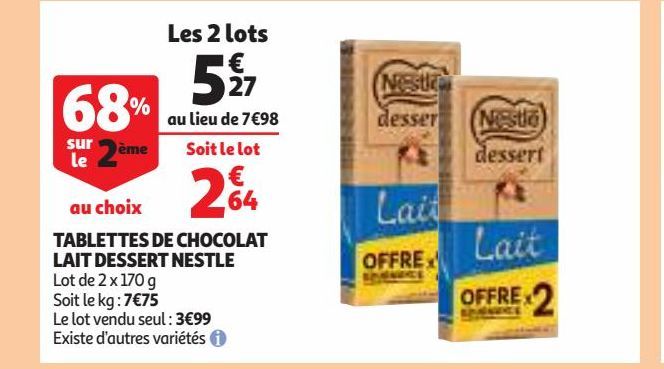 TABLETTES DE CHOCOLAT LAIT DESSERT NESTLE