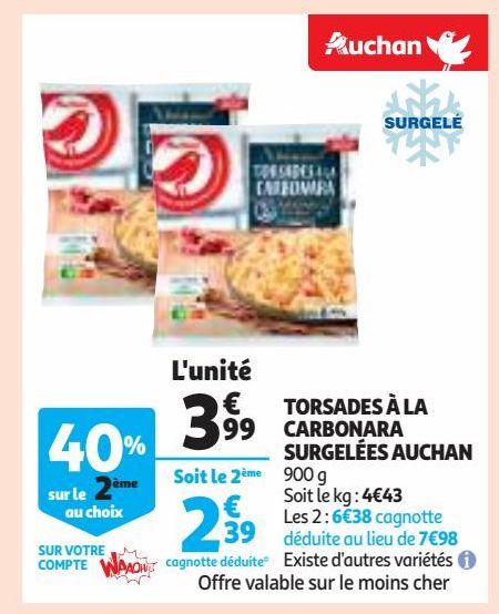 TORSADES À LA CARBONARA SURGELÉES AUCHAN