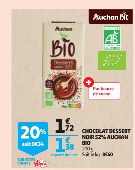 CHOCOLAT DESSERT NOIR 52% AUCHAN BIO