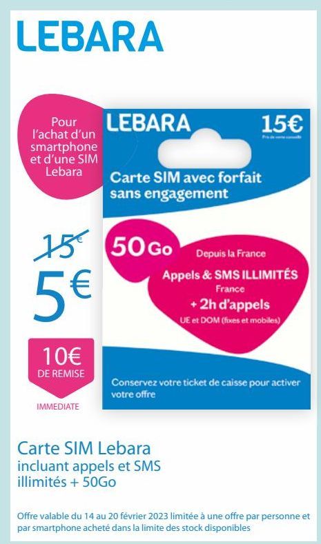 Carte SIM Lebara incluant appels et SMS illimités + 50Go