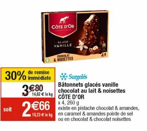 Batonnets glaces vanille chocolat au lait & noisettes  Côte d'or