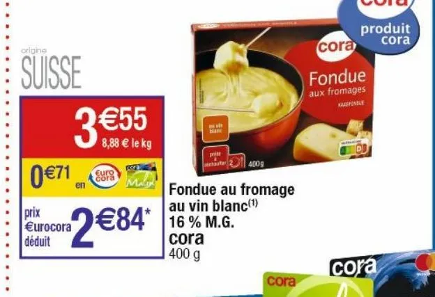 fondue au fromage au vin blanc 16% m.g. cora