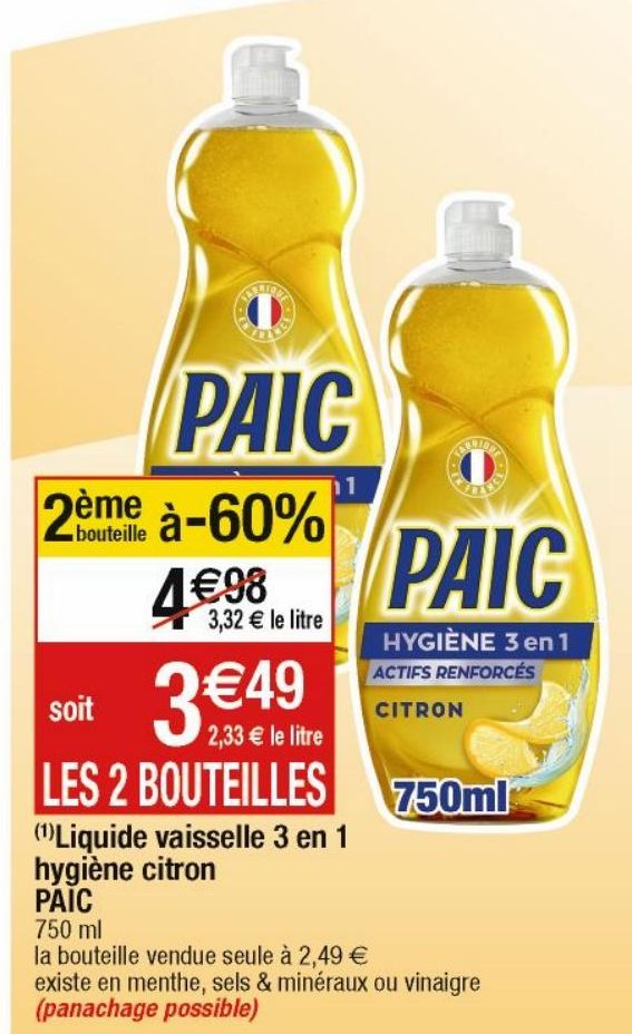 liquide vaisselle 3 en 1 hygiene citron Paic