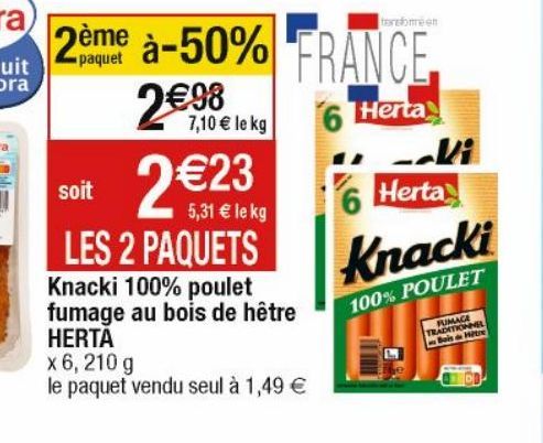 Knacki 100% poulet fumage au bois de hetre HERTA