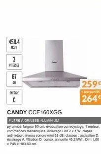 458.4  m3/h  3  vitesses  67  18  energie  c  candy cce160xgg  filtre à graisse aluminium  pyramide, largeur 60 cm, évacuation ou recyclage, 1 moteur, commandes mécaniques, éclairage led 2 x 1 w, clap