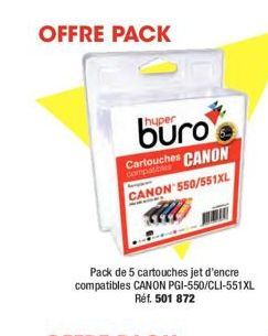 OFFRE PACK  hyper  Cartouches CANON CANON 550/551XL  Pack de 5 cartouches jet d'encre compatibles CANON PGI-550/CLI-551XL Réf. 501 872 