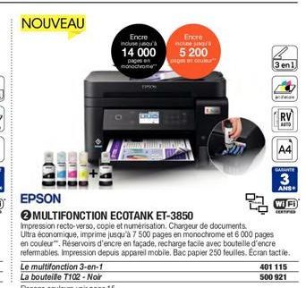 NOUVEAU  Encre incluse jusqu'à  14 000  pages en monochrome  EPSON  MULTIFONCTION ECOTANK ET-3850  Impression recto-verso, copie et numérisation. Chargeur de documents. Ultra économique, imprime jusqu